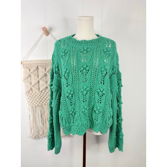 Zara Green Pom Pom Knit Slouchy Sweater Womens Medium Blogger Favorite - Picture 4 of 11